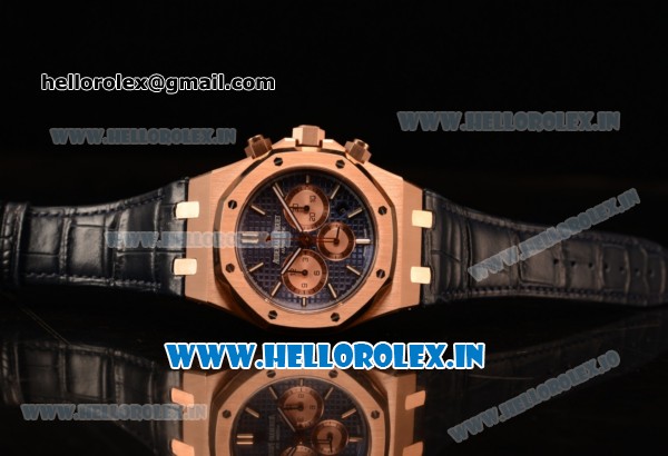 Audemars Piguet Royal Oak Chronograph Swiss Valjoux 7750 Rose Gold Case with Black Leather Strap Blue Dial and Gold Three Subdials 1:1 Original EF - Click Image to Close